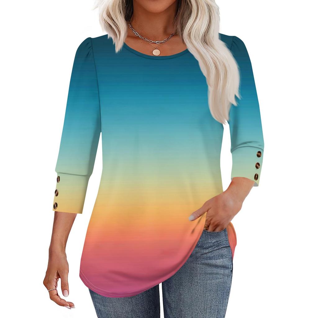 Damenmode Lässig Farbverlauf, Krawatten-Print Rundhals Kurzarm T-Shirt Top