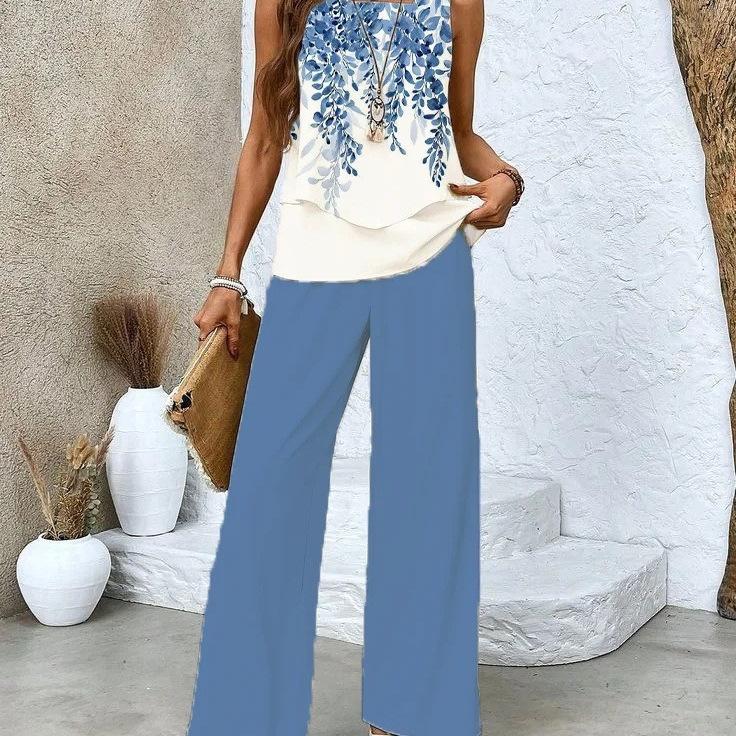 European and American new 1D printing women's fashion sleeveless trousers suit spring and summer women's suit