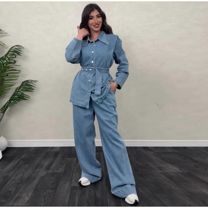 Denim Pants Set Women Belt Lapel Buttons Shirt High Waist Wide Leg Trousers Sets Lady Vintage Single Breasted Top Suit Female