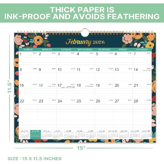 2026 Calendar - 2026 Wall Calendar, Jan 2026 - Dec 2026, 2026 Wall Calendar 12 Month, 15" X 11.5", Twin-Wire Binding, Julian Dates, Large Block,