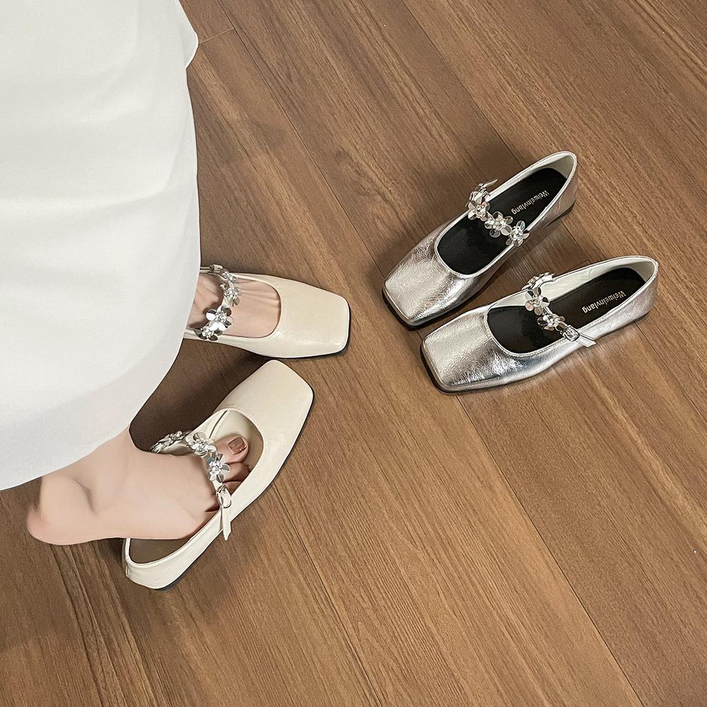 Rhinestone Silver Square Toe Pumps Women's Flat Soles with Skirt Mary Jane Shoes