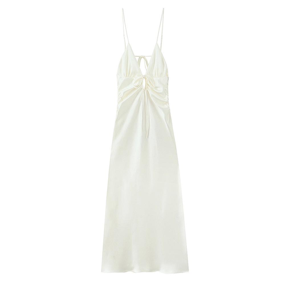 2025 Spring New Women's Slim Sexy Silk Satin Spaghetti Strap Dress with Hollow Design