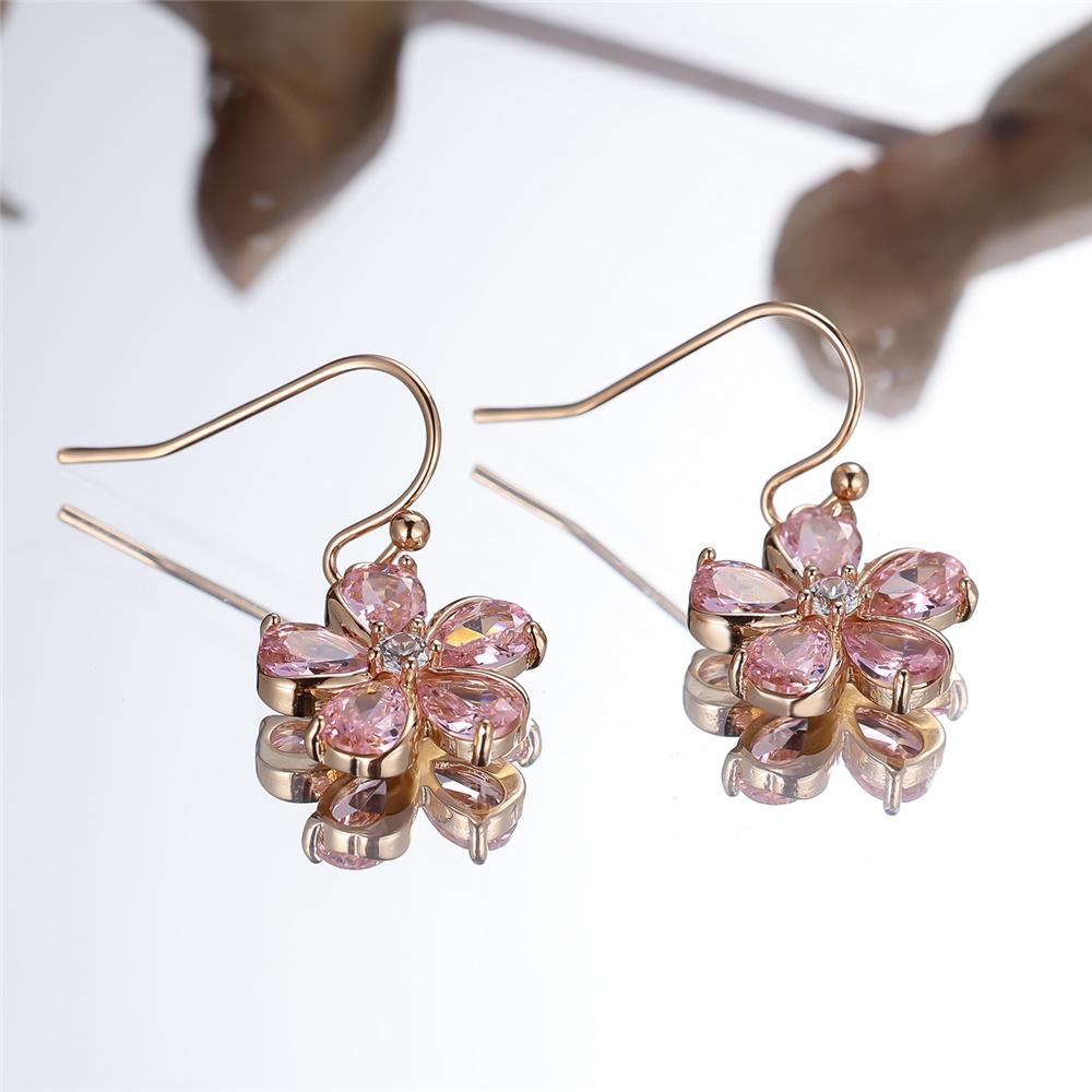 Charm Female Pink Zircon Stone Flower Drop Earrings Cute Trendy Bridal Gold Color Dangle Wedding For Women