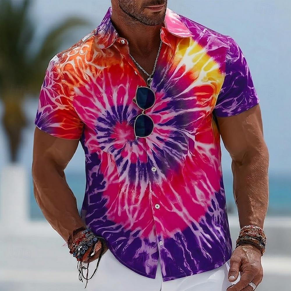 Men s Short Sleeve Button Up Shirt Hippie Gradient Tie Dye 3D Print Turndown Collar Blue Pink Purple for Spring Summer S