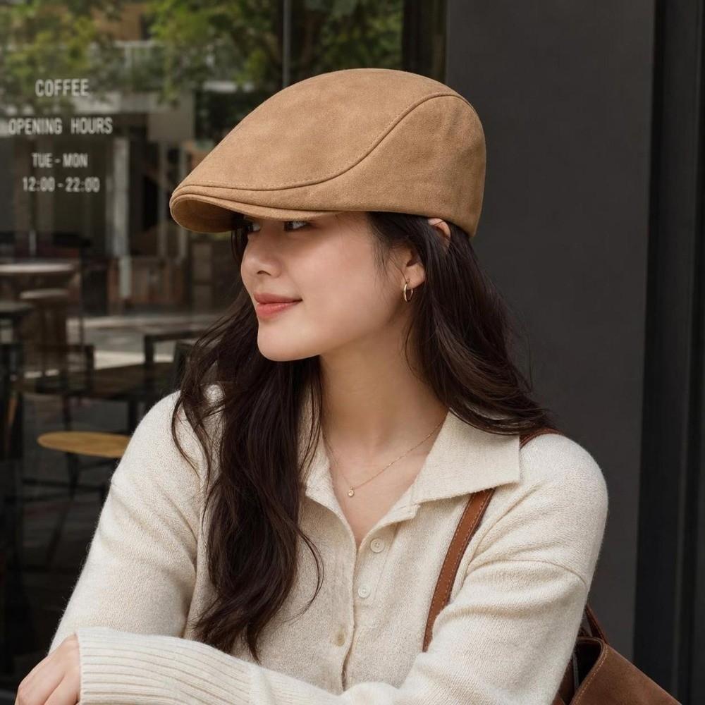 Solid Color Winter Forward Hat Warm Retro Flat Cap Unisex Suede Newsboy Cap Daily