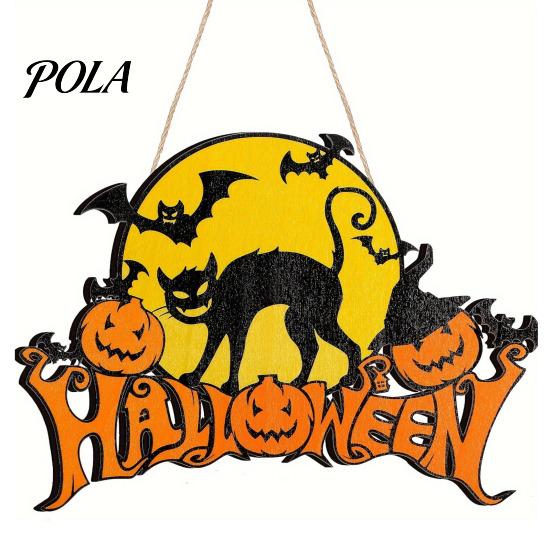 Retro Moon Wall Ornament Halloween Wood Door Hanger Sign, Pumpkin And Black Cat Printed, with Hemp Festive Party Decoration Rope Lanyard, Decorative