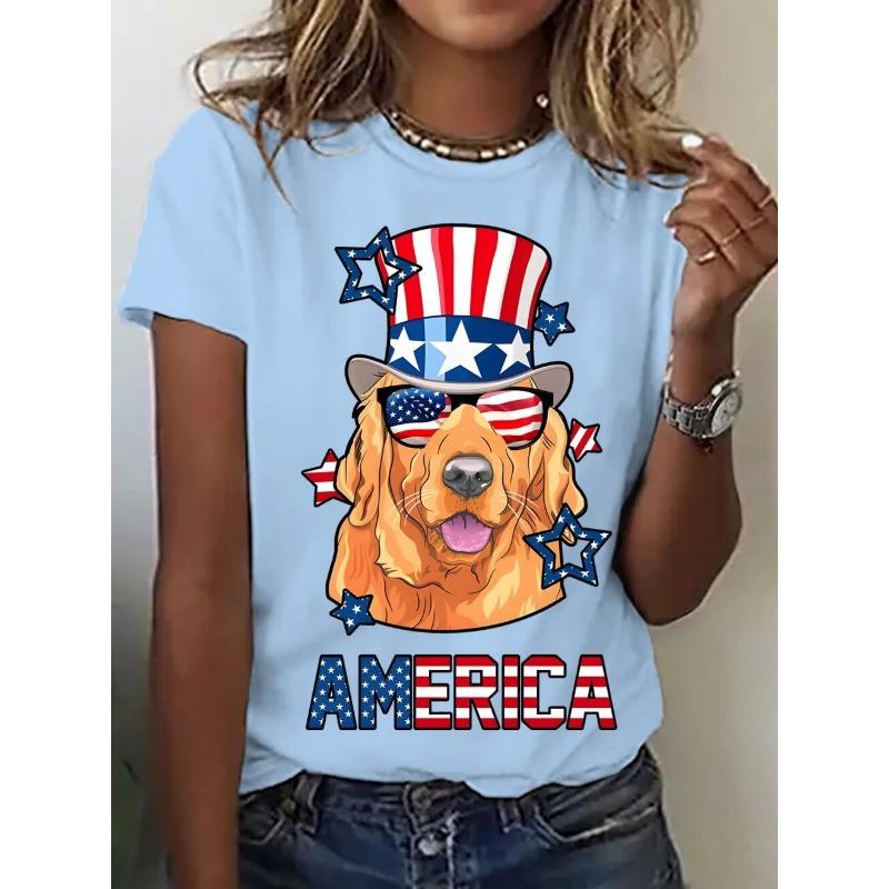 Women's T-Shirt Golden Retriever American Flag Hat Printing Fashion Casual Street Round Neck Oversized Summer Women's Clothing