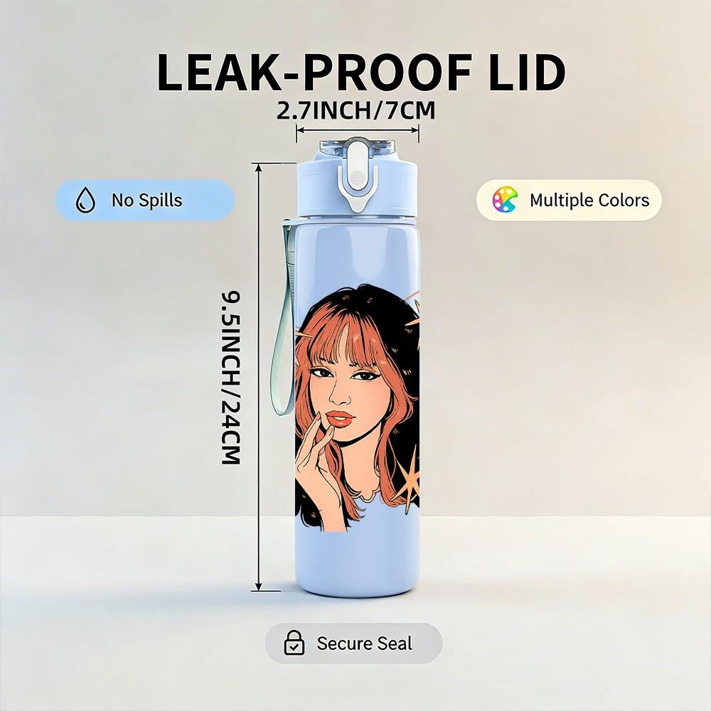 1PC Long Hair Girl Portrait Art Print 750ml Color Plastic Sports Water Bottle Leakproof Flip Straw Lid Suitable for Sports Office Home Use