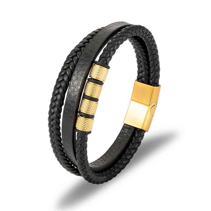 Mens Minimalist Multi-Layer Braided Leather Bracelet Stainless Steel Cuff Geometric Design Adjustable Size