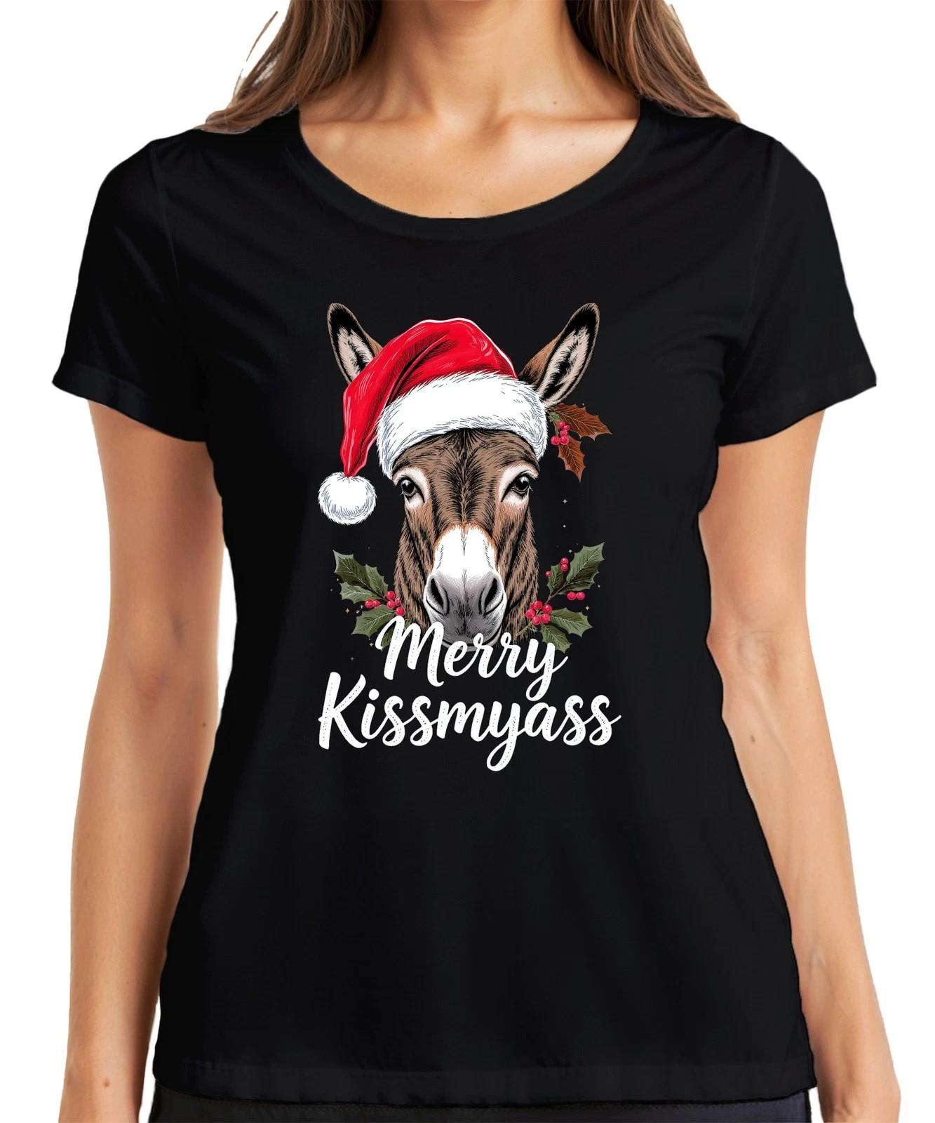 Merry Kissmyass lustiger Esel Weihnachtsesel Weihnachtsmütze Damen T-Shirt XS