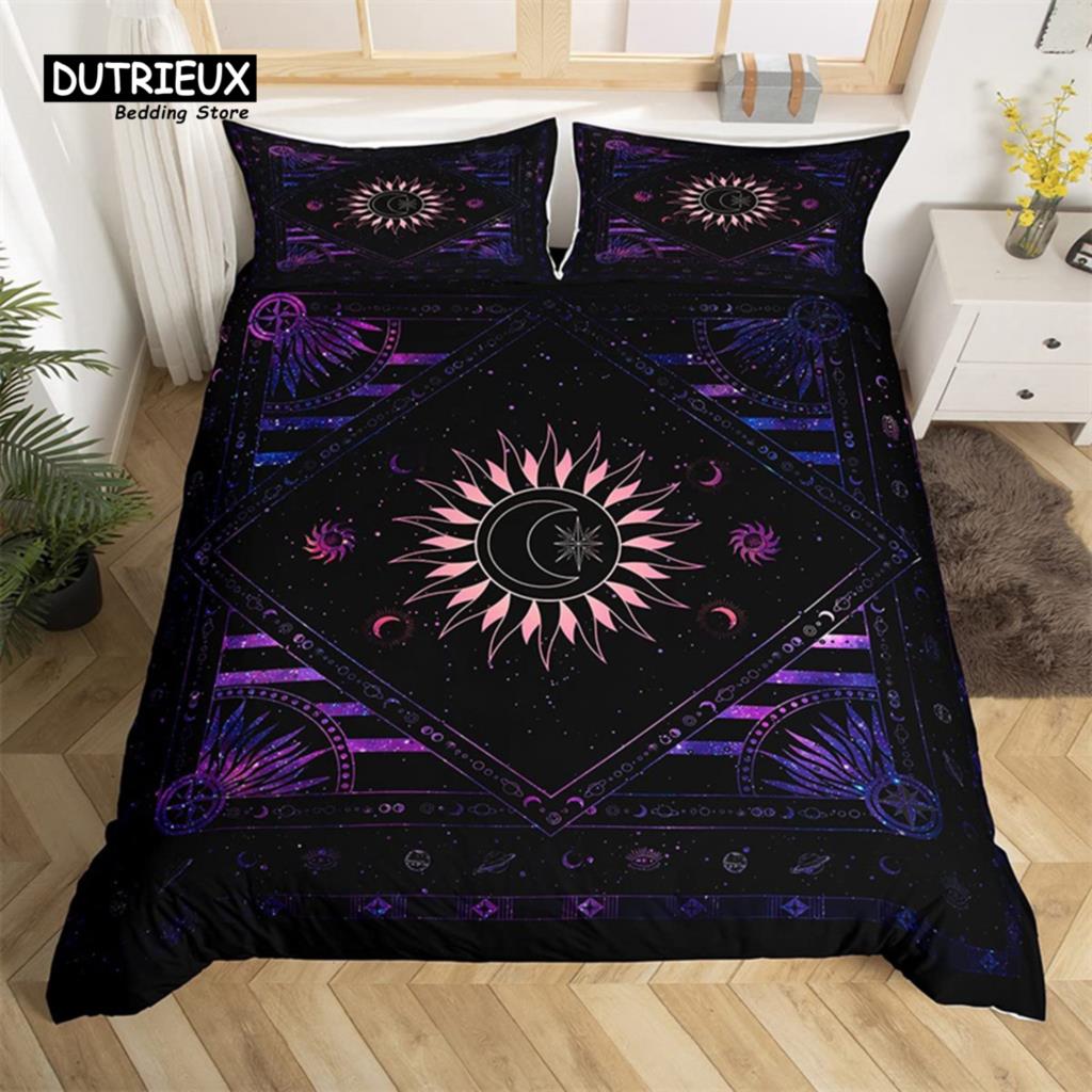 Comforter Sun And Moon King Queen Starry Sky Galaxy Trippy Bedding Set For Kids Adults Microfiber Boho Geometric