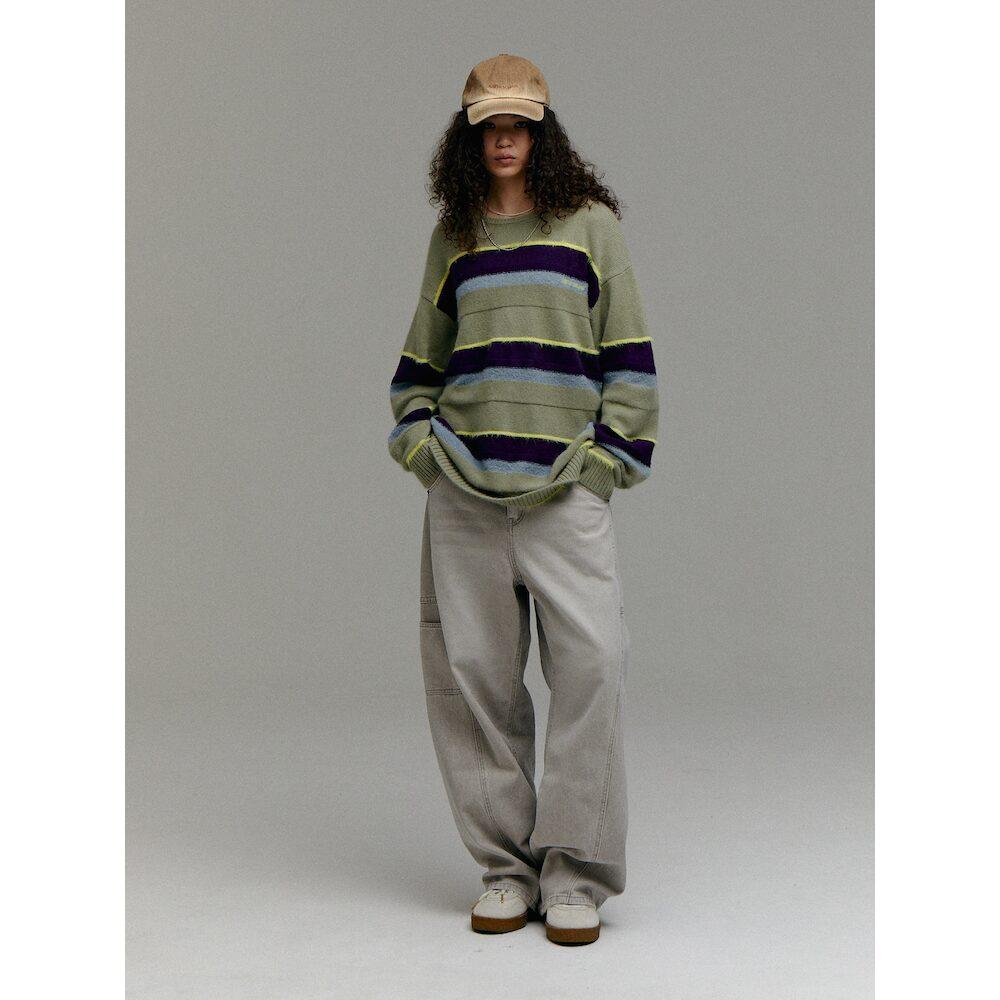 Saendeusaundeu (Unisex) Wool Blend Striped Pullover Sweater Apple Green