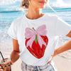Women's 90s Bow Strawberry Print Sweet Pattern Short Sleeved Top New Summer Basic Round Neck Style Cartoon Popular T-Shirt