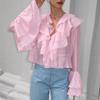 French Court Chiffon Ruffle Top Women's Spring and Summer Design Pink V-neck Horn Sleeve Shirt