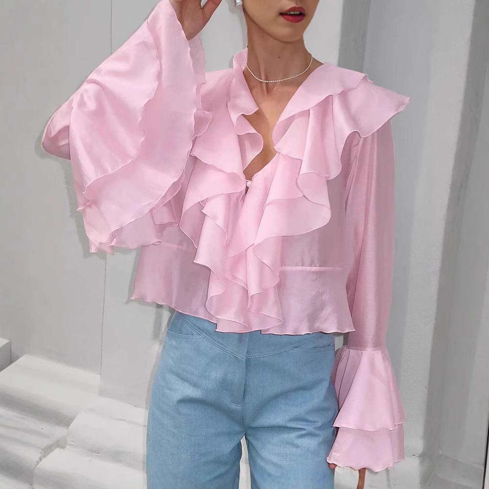 French Court Chiffon Ruffle Top Women's 1116 Spring and Summer Design Pink V-neck Horn Sleeve Shirt