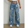 Women's Low Rise Wide Leg Jeans Loose Fit Floral Flower Print Non Stretch Long Denim Trousers