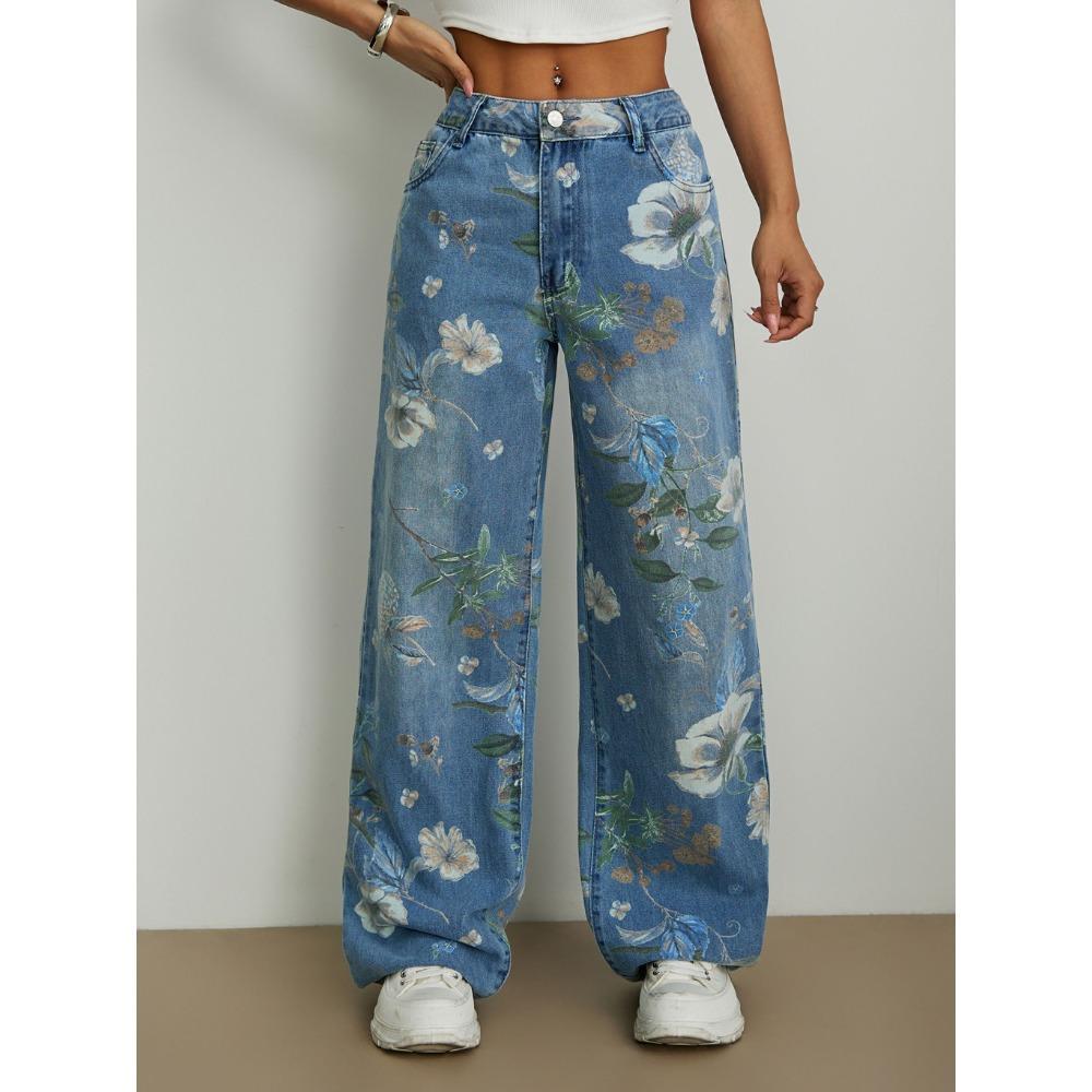 Women s Low Rise Wide Leg Jeans Loose Fit Floral Flower Print Non Stretch Long Denim Trousers S