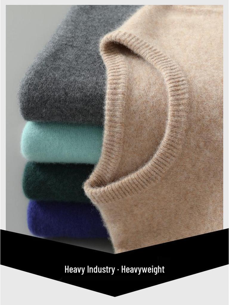Men's 100% Australian Wool Round Neck Sweater - Skin-Friendly Business Casual Knitwear for Autumn/Winter.