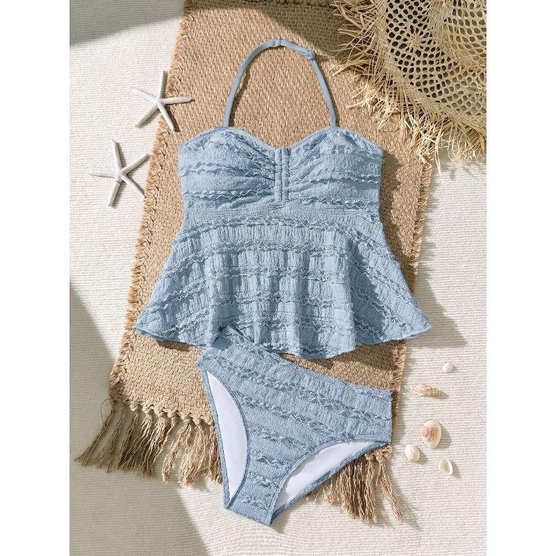 Framont Fashion House Hoge elastische geribbelde speciale gezicht meisjes tankini tweedelig set meisjes zwempak kinderzwempak 11-12Y pauwblauwe kleur