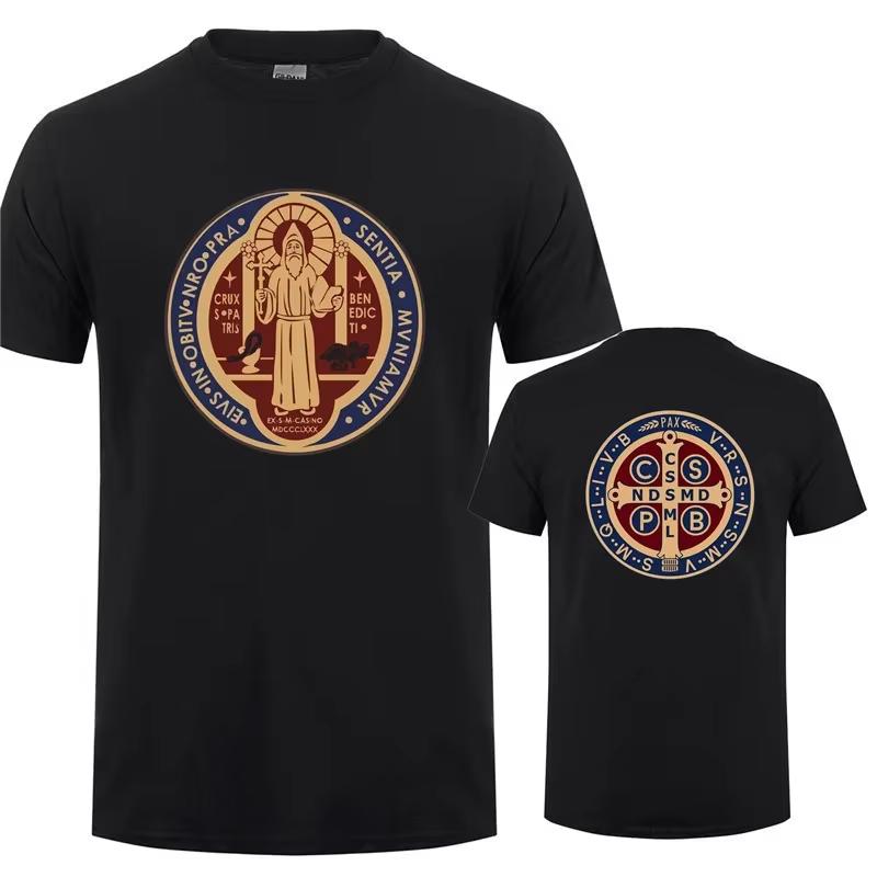Saint Benedict Medal Front T Shirt Big Size 100 Cotton Catholic Christian St Benedict Saint Benedict Benedict Church Angel