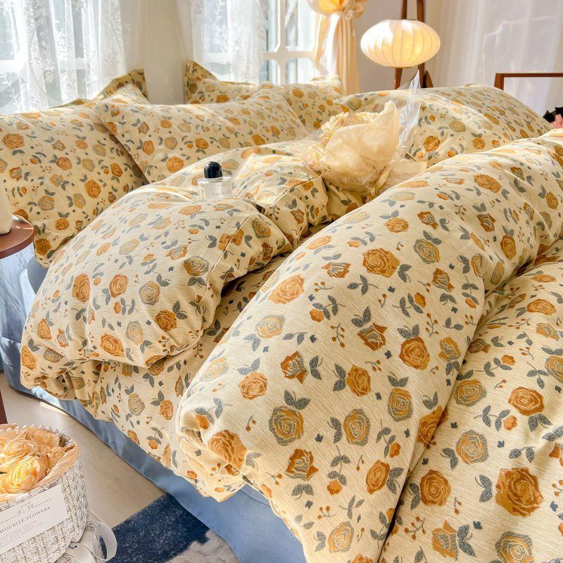 Pastoral Style Ins Style Duvet Set Bedding Set Small Floral. Warm And Thickened  Double-layer Washing Cotton Bed Sheet And Duvet