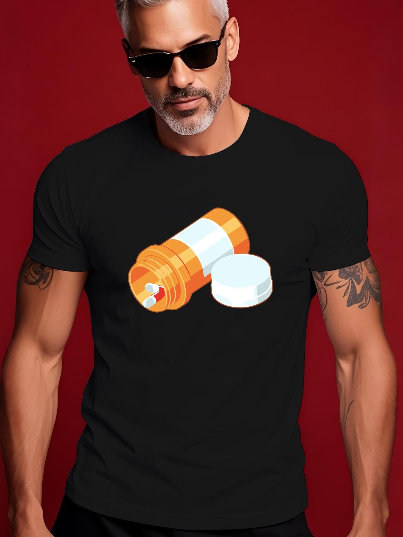 Summer Tshirt with English Pill Bottle Graphic - Short Sl... S