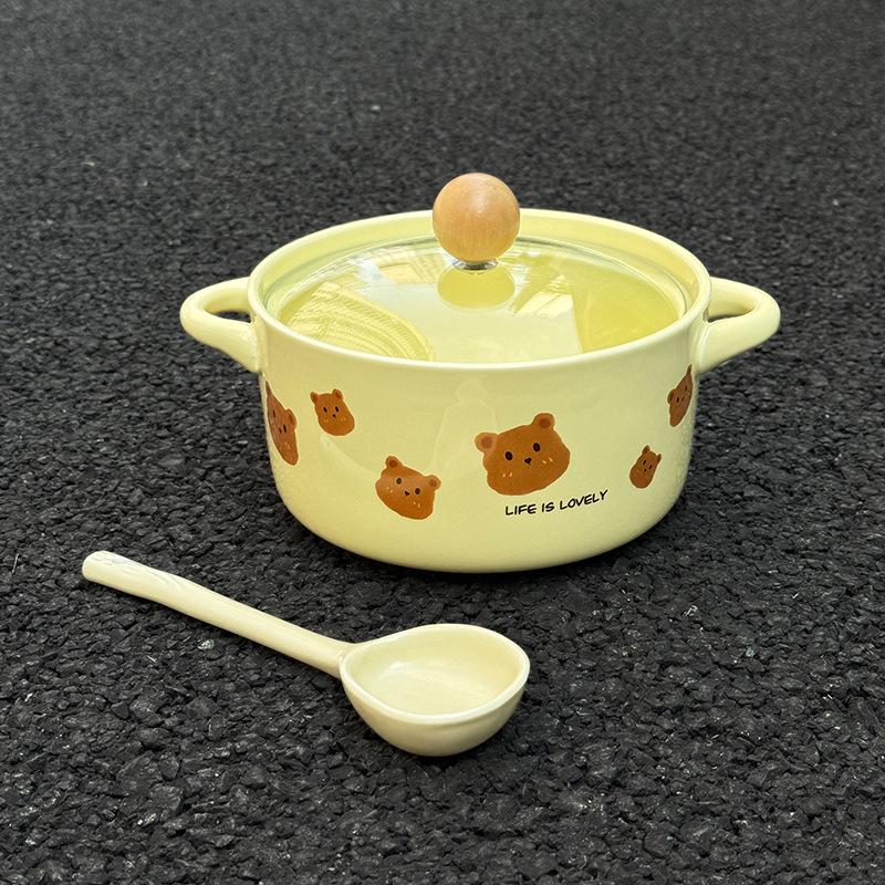 Ins Cream Wind Bear Ceramic Instant Noodle Bowl Student Dormitory Instant Noodle Bowl for Girls Birthday Gift