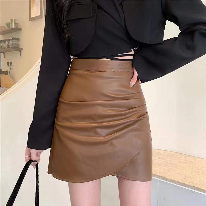 2024 Autumn/Winter Plus Size High Waist Pleated Leather A-line Midi Skirt - Women's Fashion Slimming Irregular Hip-hugging Design