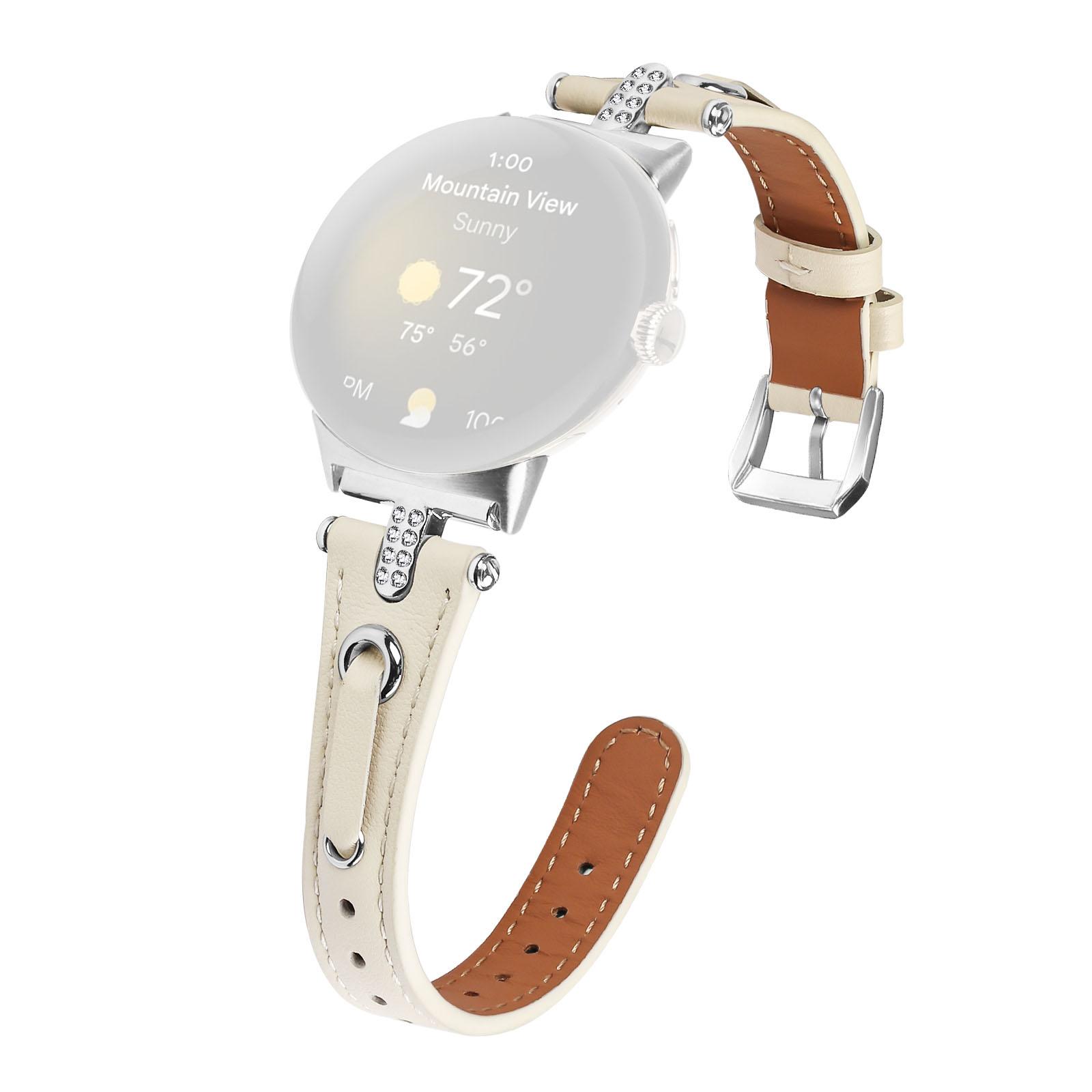 

For Google Pixel Watch 3 41mm/Watch 2/Pixel Watch Genuine Cow Leather Watch Strap Rhinestone Decor Watch Band with Silver Buckle Apricot
