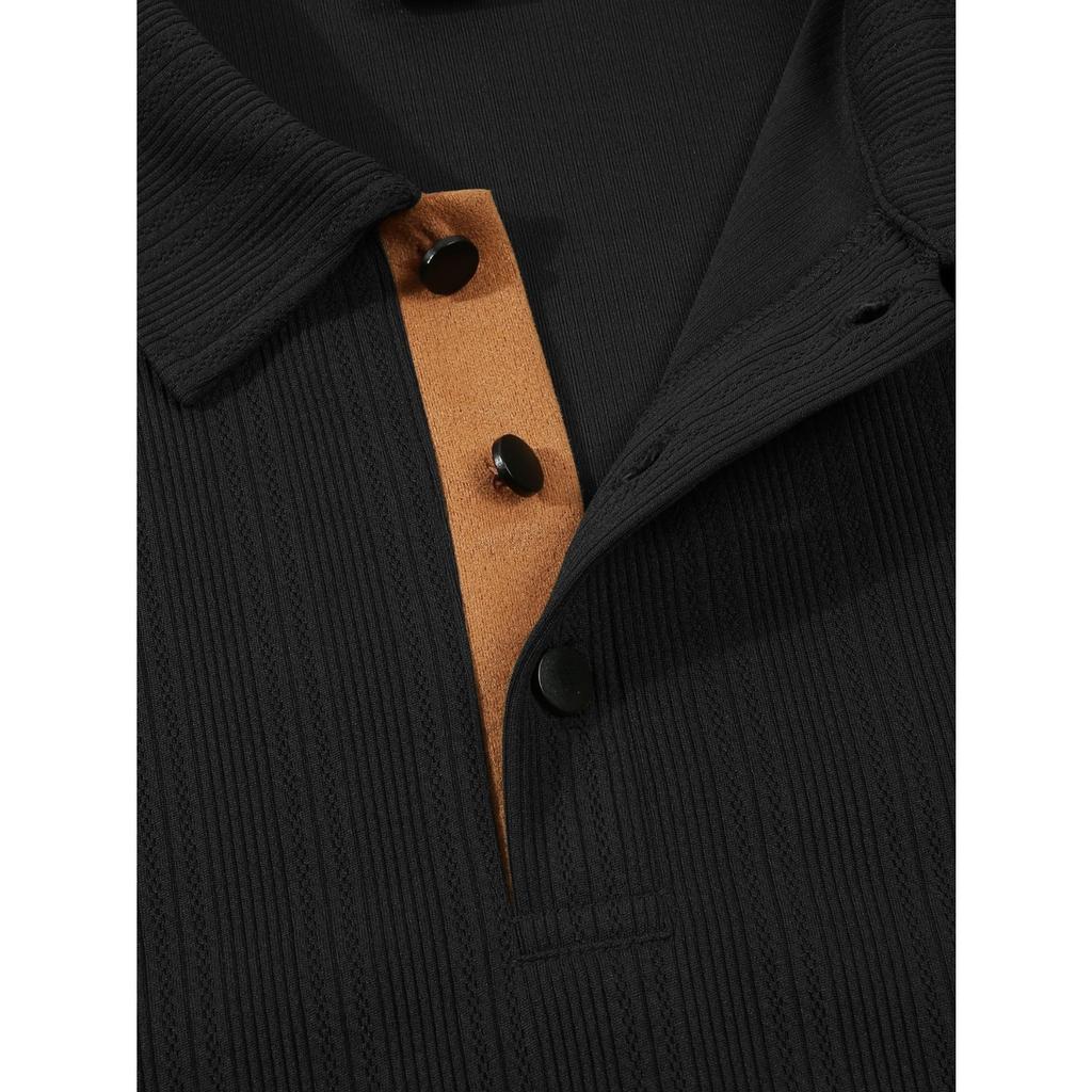 Mens Spring Long Sleeve Polo Shirts Classic Button Basic Textured T Shirts Casual Slim Fit Golf Tee Shirt