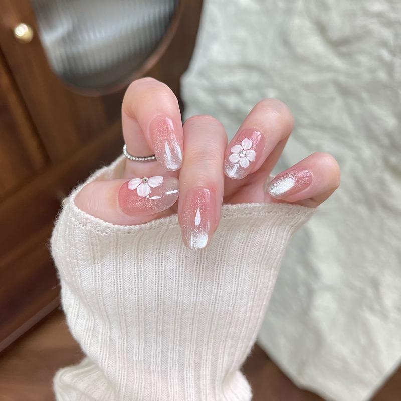 10Pcs Summer Cute Flower Cat Eye Nail Stickers Shiny Versatile Detachable Fake Nails