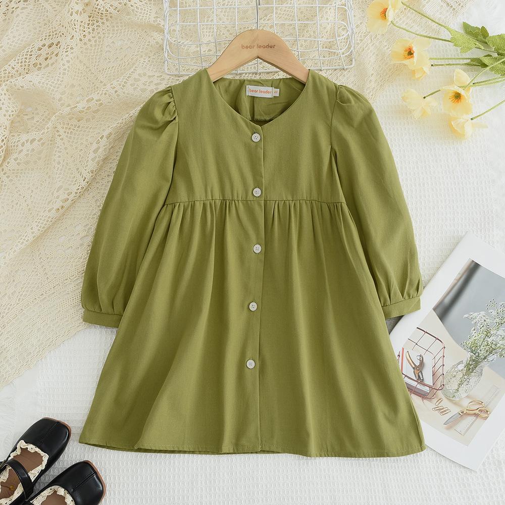 Girls Spring Autumn Green V Neck Long Sleeve Button Down Dress Casual Kids Clothing Toddler Princess Maxi Dress 100cm зелёный