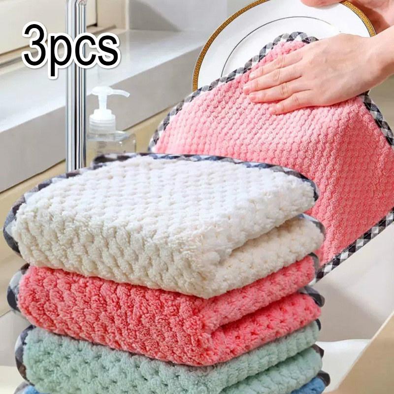 3PCS Kitchen Coral Velvet Dish Towel Rag Non-stick Oil Dish Cloth Double-sided Absorbent Thickening Scouring Pad