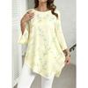 Plus Size, Plus Size Women Round Neck 3/4 Flared Sleeve Tunic Top, White Base Light Blue Floral Green Leaf Irregular Hem Casual Blouse