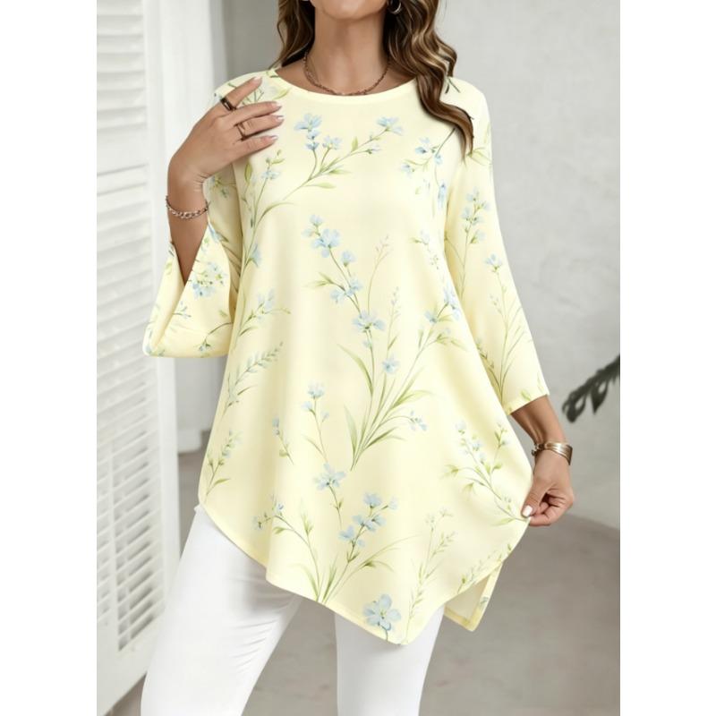 Plus Size, Plus Size Women Round Neck 3/4 Flared Sleeve Tunic Top, White Base Light Blue Floral Green Leaf Irregular Hem Casual Blouse