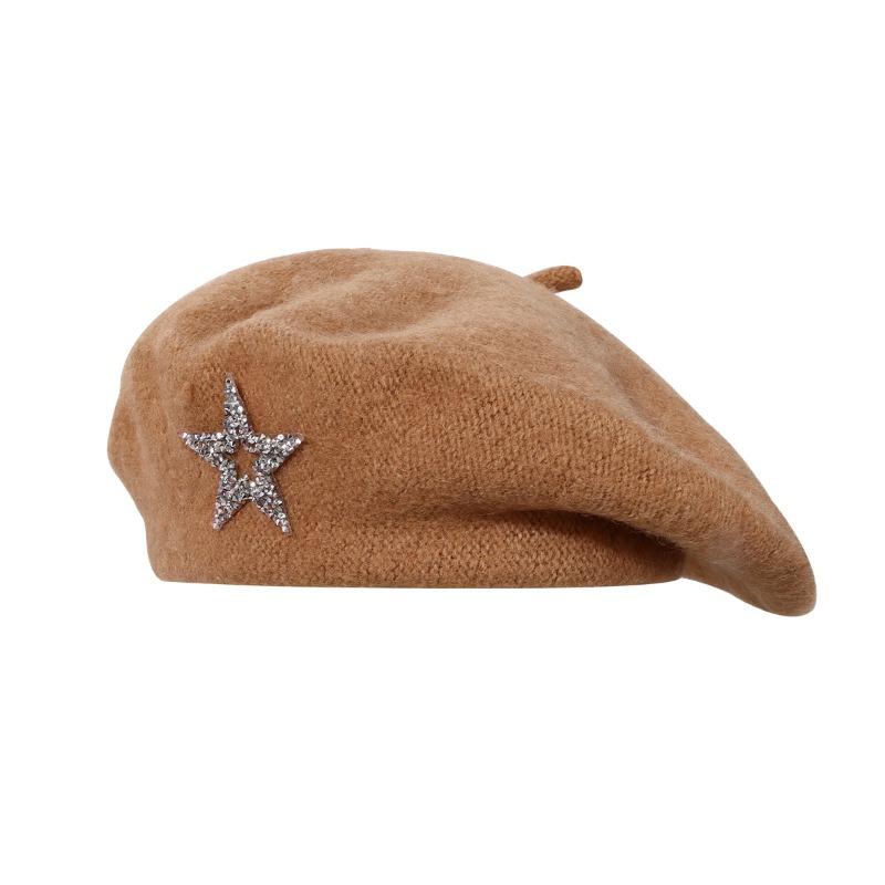 Women S Wool Blend Beret With Rhinestone Star Decor Artist Knitted Hat