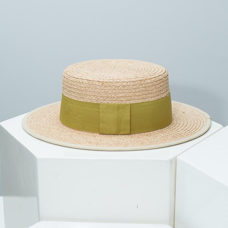 

Korean New Raffia Flat Top Sun Hat for Women, Spring Summer Beach Travel UV Protection Hat adjustable(54-58CM) оливковый