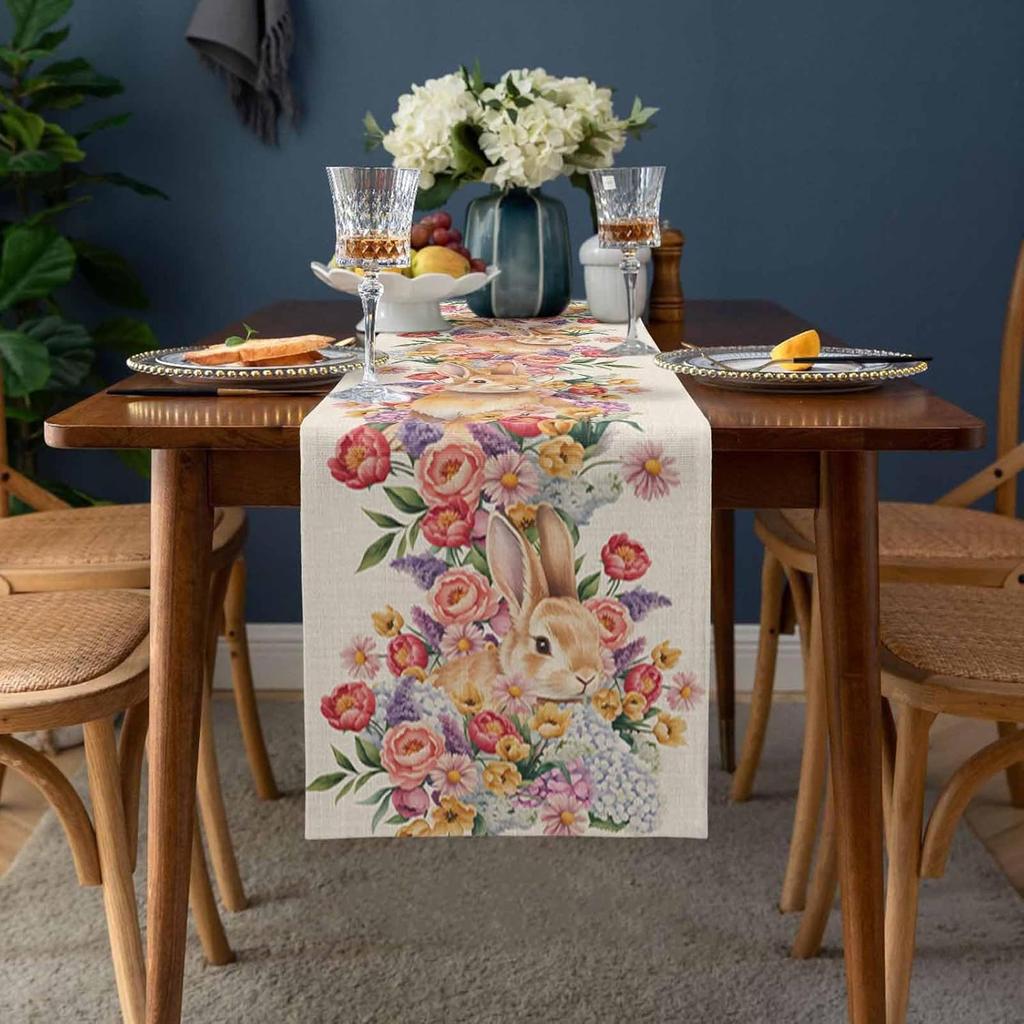 Easter Bunny Floral Linen Table Runner Holiday Party Decor Reusable Farmhouse Kitchen Dinning Table Runner Easter Decorations