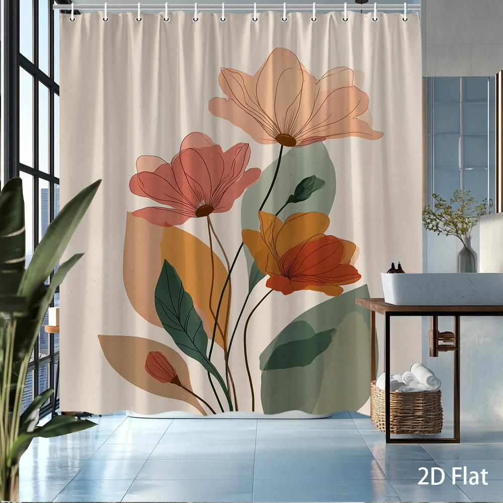 1Pc Modern Floral Shower Curtain – Pink Orange Red Leaves, 2D Flat Print, Mildew-Resistant Polyester, 72"X72", W/12 Hooks