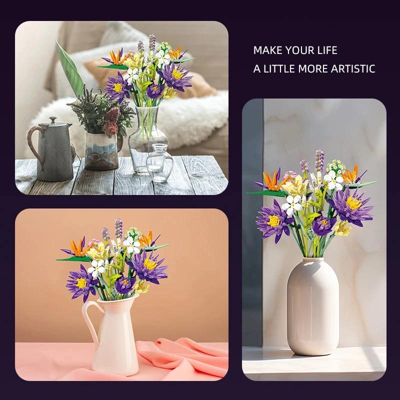 891PCS Romantisk Blomsterbukett Byggklossar Evig Blomma Växt Montera Klossar Kreativ Skrivbordsdeko Barn DIY Leksaker Gåvor