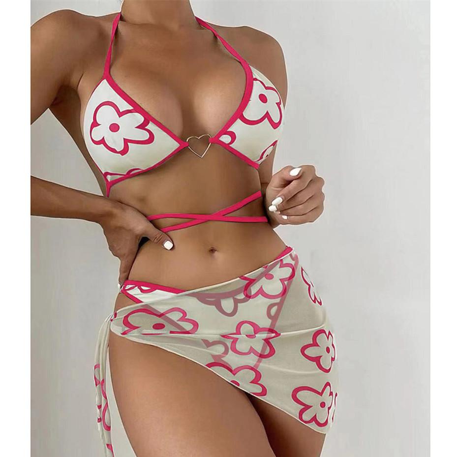

Сексуальне бікіні з квітковими принтами. Жіночий купальник. Жіночий купальник. Комплект бікіні з трьох частин. Купальний костюм для плавання. L рожевий