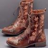 Women Ankle Boots Embroidery Flower Big Size 43 Autumn Winter Lace Up PU Leather Female Footwear Fashion Ladies Shoes