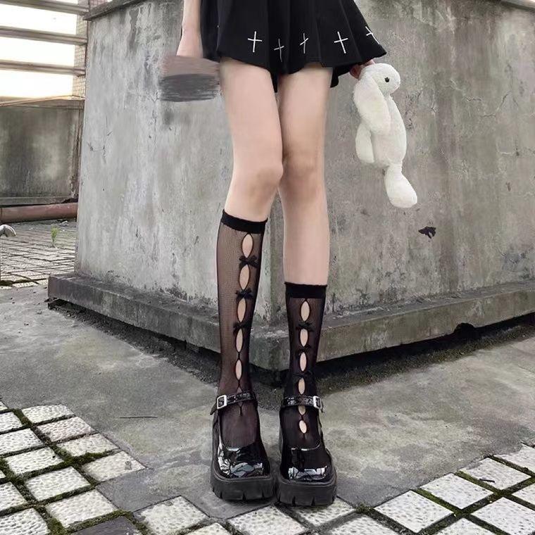 Chaussettes mi-mollet Lolita style japonais à nœud papillon | Dentelle ajourée Pure Désir - Été fin & Polyvalent JK