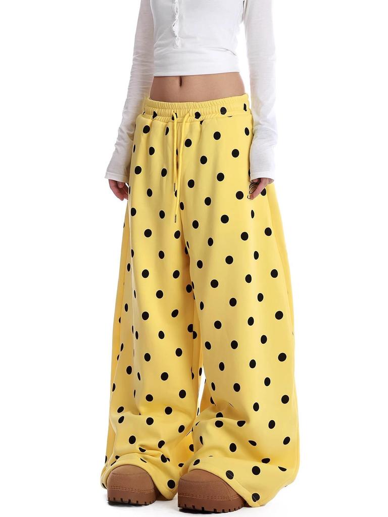 Unisex Yellow Polka Dot Wide-Leg Sweatpants - American Style, Spring/Summer Casual Jazzwear.