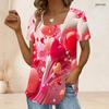 Women Plus Size Short Sleeve U Neck T Shirt Pink Heart Flower Star Dark Background Print Top