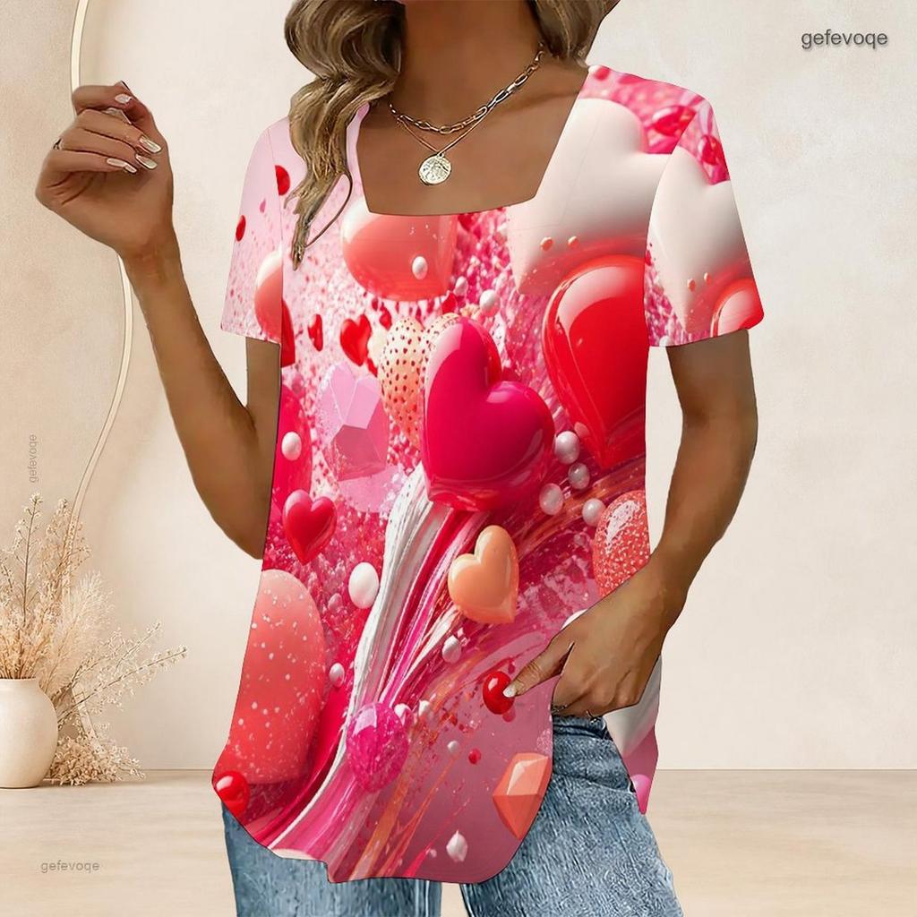 Women Plus Size Short Sleeve U Neck T Shirt Pink Heart Flower Star Dark Background Print Top