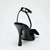 Fashion Elegant Black Bow Design Heels Women Sexy Pointed Toe Ankle Strap Buckle Thin Heel Sandal High Quality Patent Leather Dress Shoe
