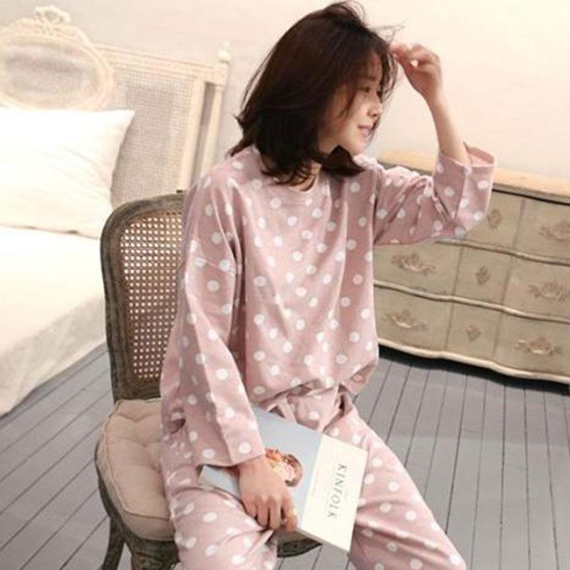 Women Autumn Winter Long-sleeved Cartoon Pajamas Set 2024 New Round Neck Cute Solid Color Pullover Sleepwear Clothes Set
