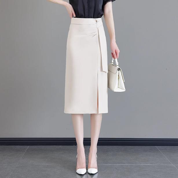 

Women s High Waist Irregular Slit Midi Skirt - Fashionable for Spring, Summer, or Autumn 2025 S грязно-белый
