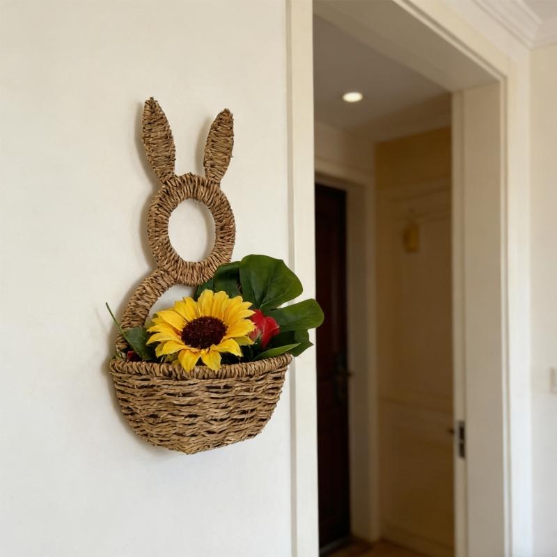 Handwoven Rabbits Ear Shape Flower Basket Natural Rattan Breathable Flower Holder for Home Decors and Storage